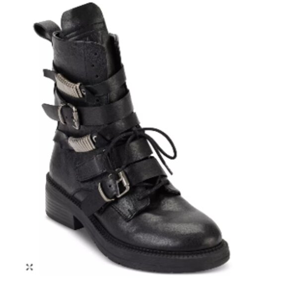 DKNY Buckled Straps Accent Combat Boots. Black Leather and Silver-Tone Metal. 7. - Picture 1 of 11